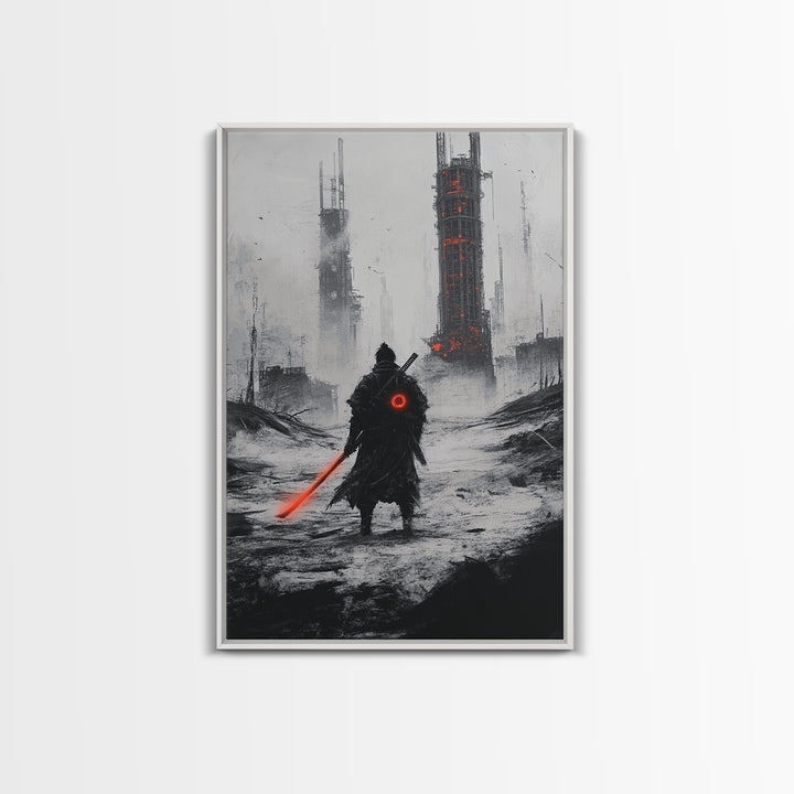 Dark Cyberpunk Warrior In Snowy Dystopian City Wall Art, Sci Fi Fantasy Poster, Futuristic Office Decor, Gamer Room Gift For Him