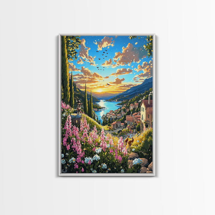 Sunset Lake Como Village With Wildflowers Canvas Print, Italian Landscape Wall Art, Mediterranean Travel Home Decor Gift For Her