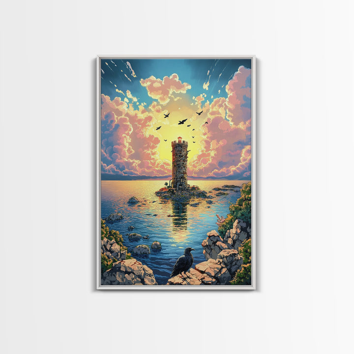 Sunset Lighthouse On Calm Sea With Raven Wall Art, Coastal Fantasy Canvas Print, Ocean Landscape Poster Home Decor Gift For Her