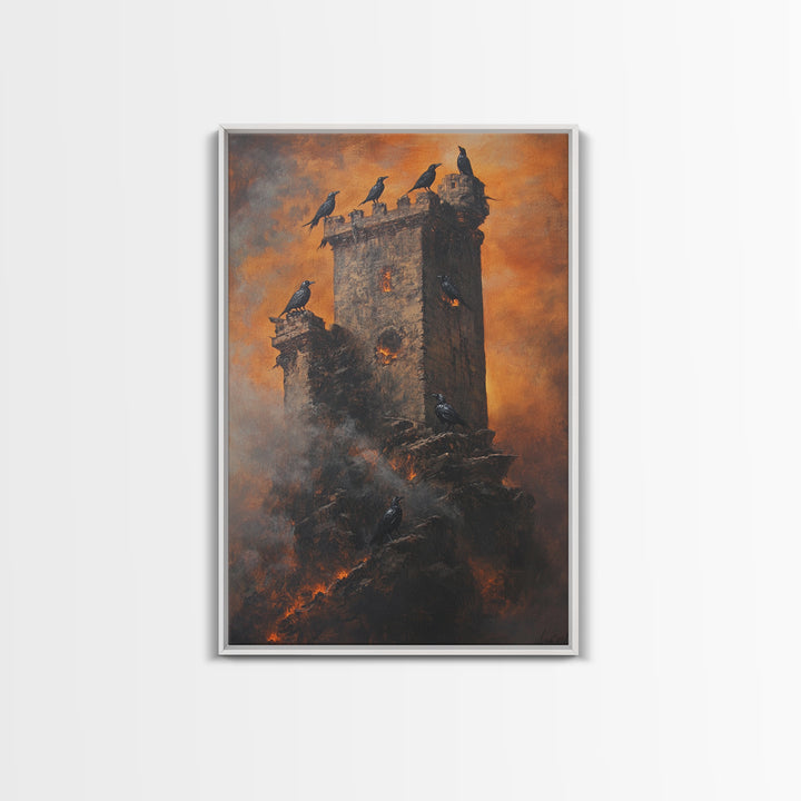 Burning Stone Tower With Black Ravens Framed Canvas Print, Gothic Dark Fantasy Wall Art, Moody Raven Castle Decor Gift For Him