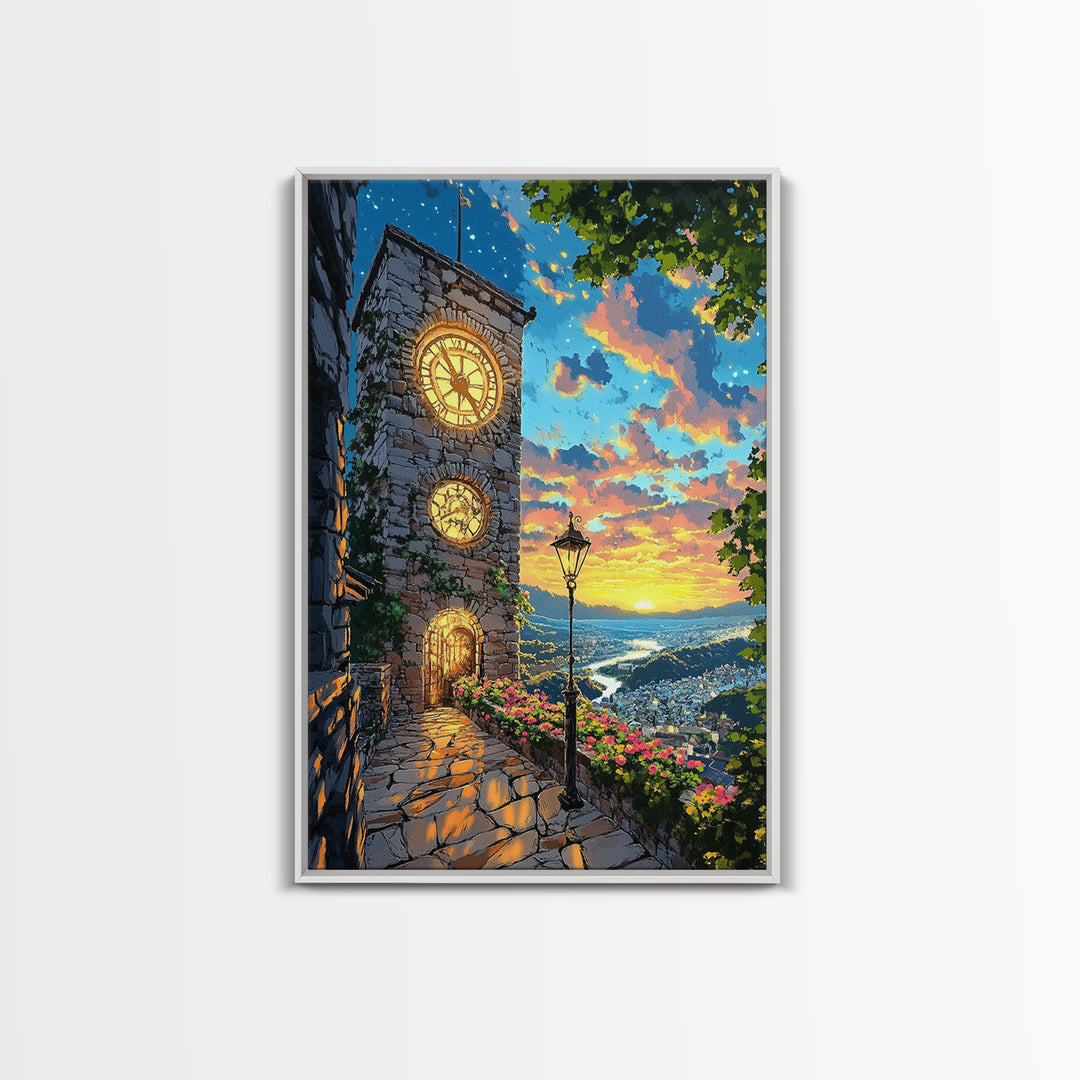 Glowing Clock Tower Over Coastal Village Canvas Print, Mediterranean Landscape Wall Art, Italy Travel Poster Home Decor Gift