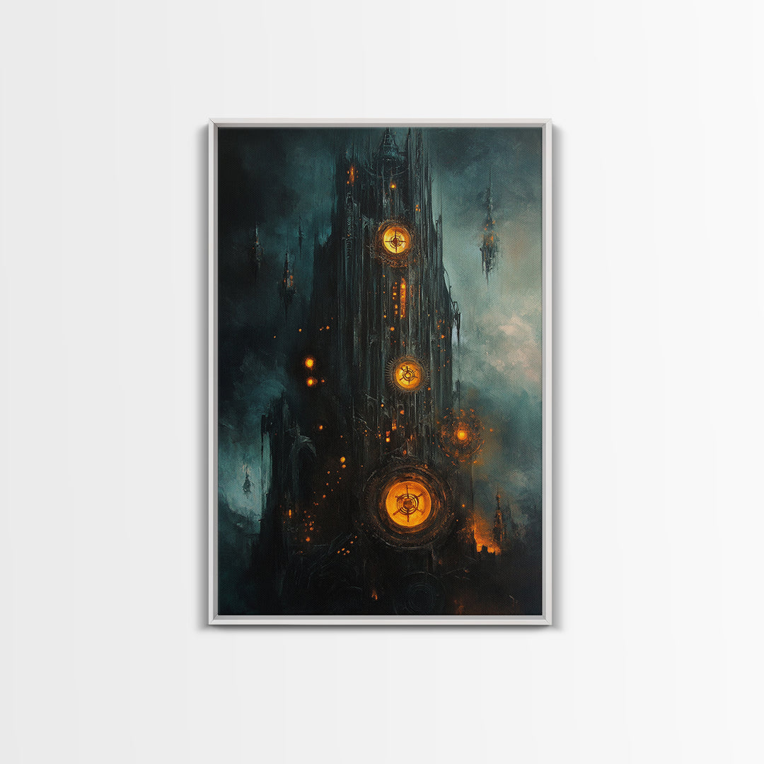 Dark Clockwork Gothic Tower With Glowing Gears Wall Art, Steampunk Fantasy Canvas Print, Moody Industrial Decor Gift For Him
