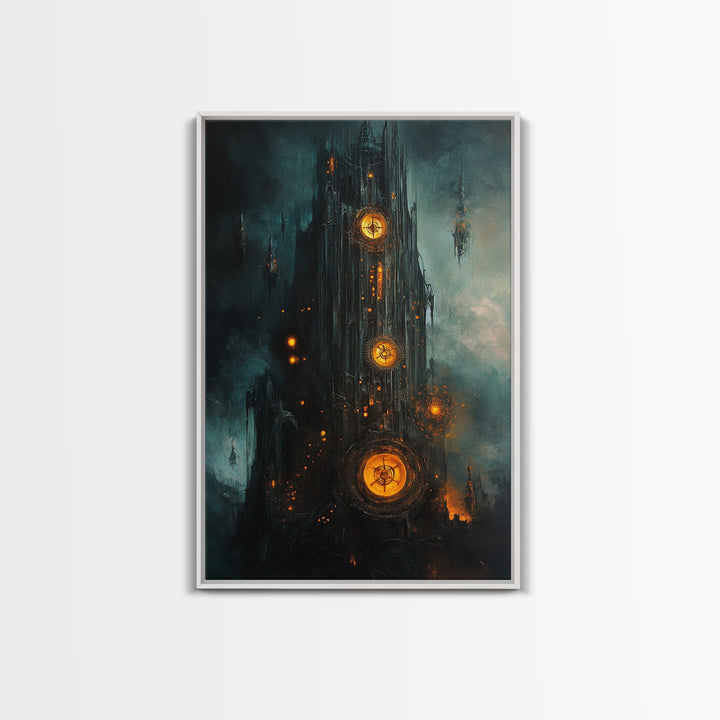 Dark Clockwork Gothic Tower With Glowing Gears Wall Art, Steampunk Fantasy Canvas Print, Moody Industrial Decor Gift For Him