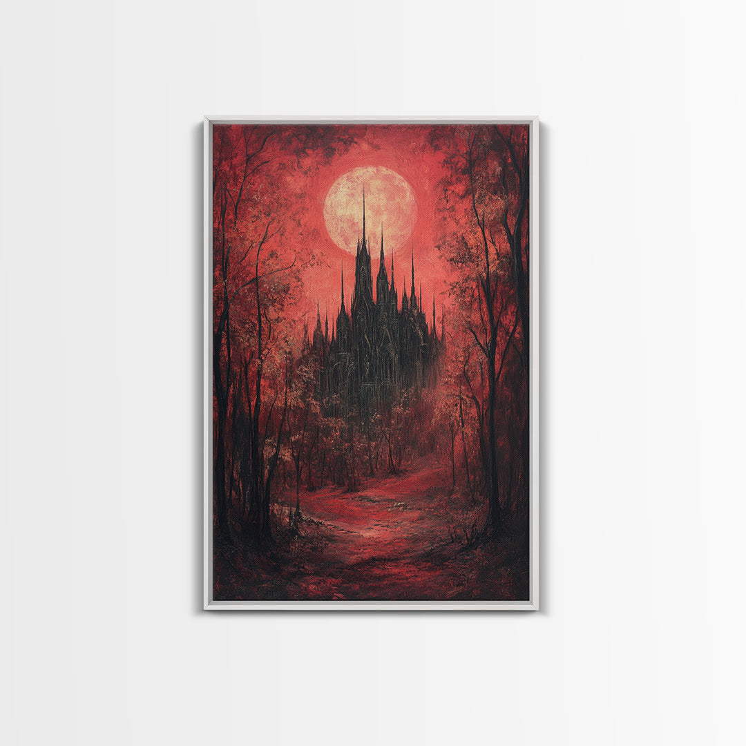 Red Moon Gothic Castle In Dark Forest Wall Art, Romantic Gothic Framed Canvas Print, Moody Halloween Bedroom Decor Gift For Her