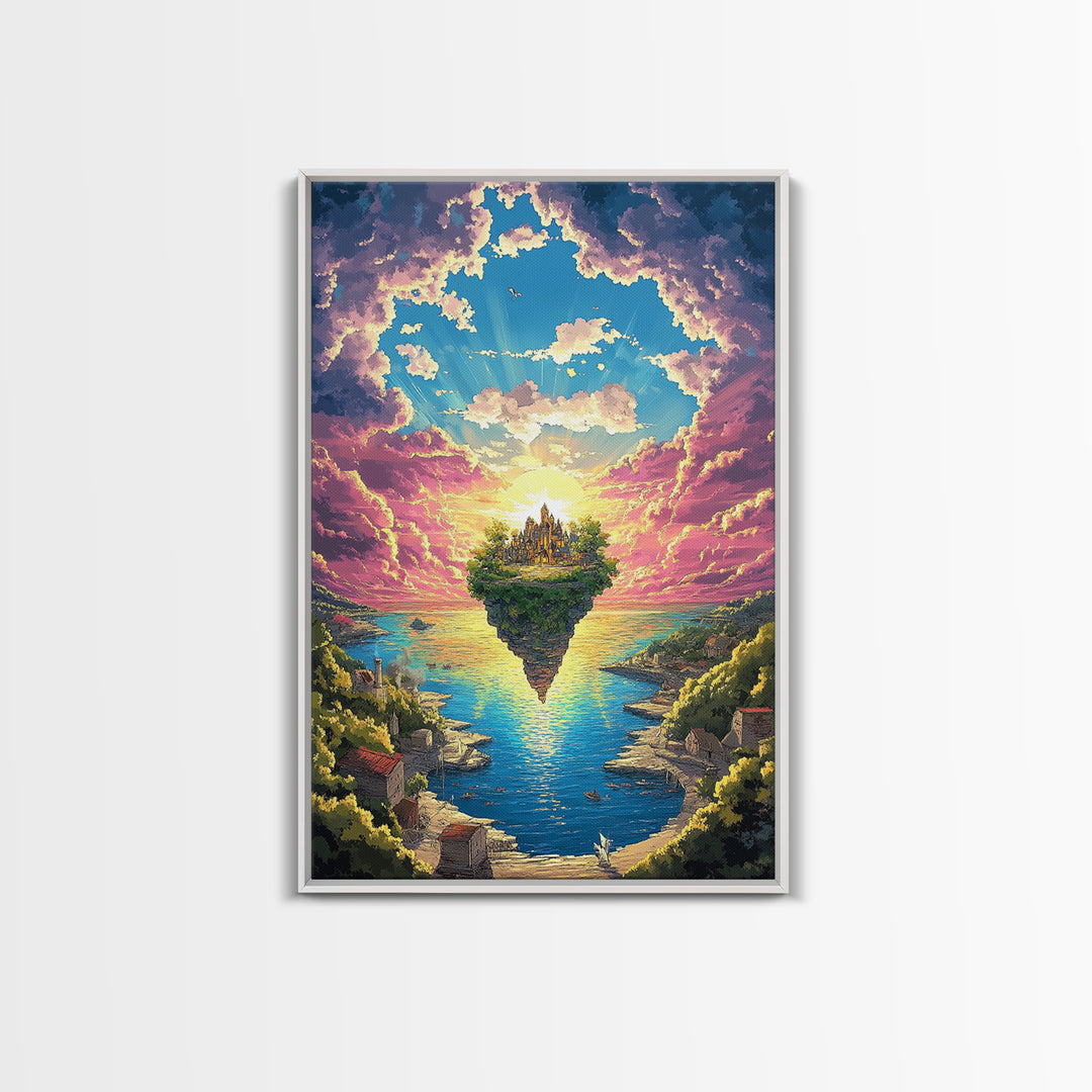 Floating Island Castle At Sunrise, Fantasy Canvas Print, Coastal Landscape Wall Decor, Whimsical Living Room Art Gift Idea
