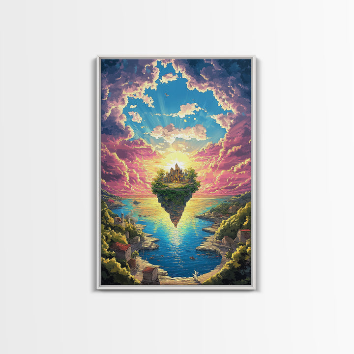 Floating Island Castle At Sunrise, Fantasy Canvas Print, Coastal Landscape Wall Decor, Whimsical Living Room Art Gift Idea