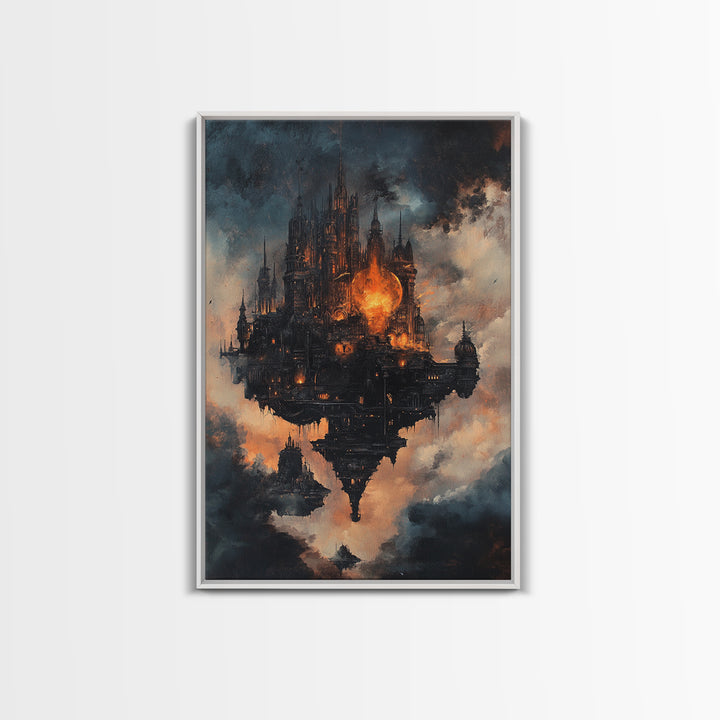 Dark Floating Gothic Castle, Fantasy Framed Canvas Print, Moody Cloudscape Wall Art, Dark Academia Home Decor Gift For Him
