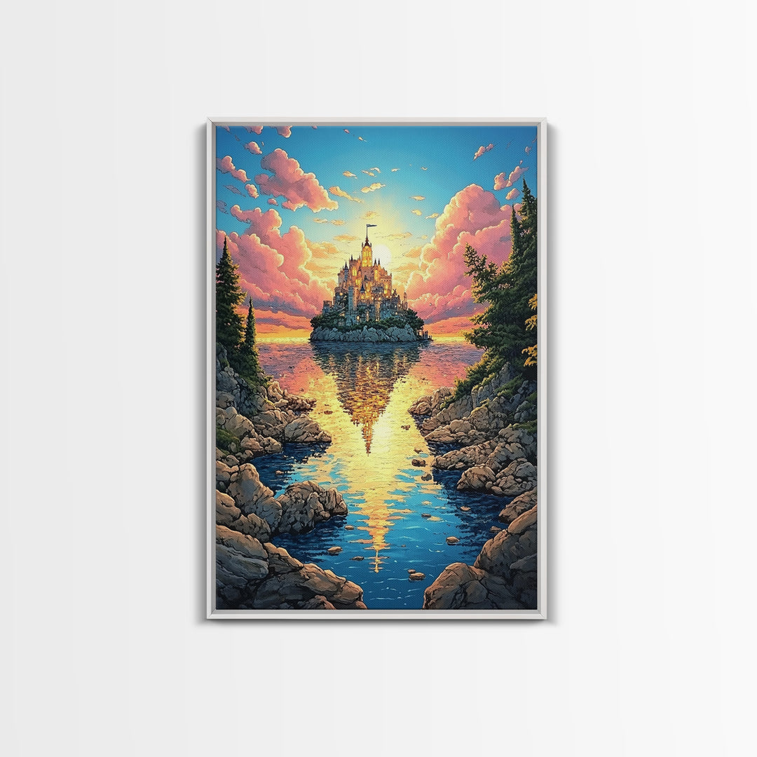Island Castle Reflected In Cove, Fantasy Wall Art, Colorful Coastal Landscape Canvas Print, Whimsical Home Decor Gift Idea