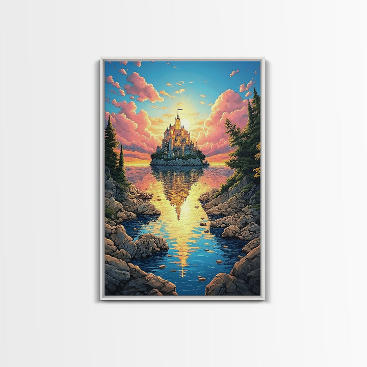 Island Castle Reflected In Cove, Fantasy Wall Art, Colorful Coastal Landscape Canvas Print, Whimsical Home Decor Gift Idea