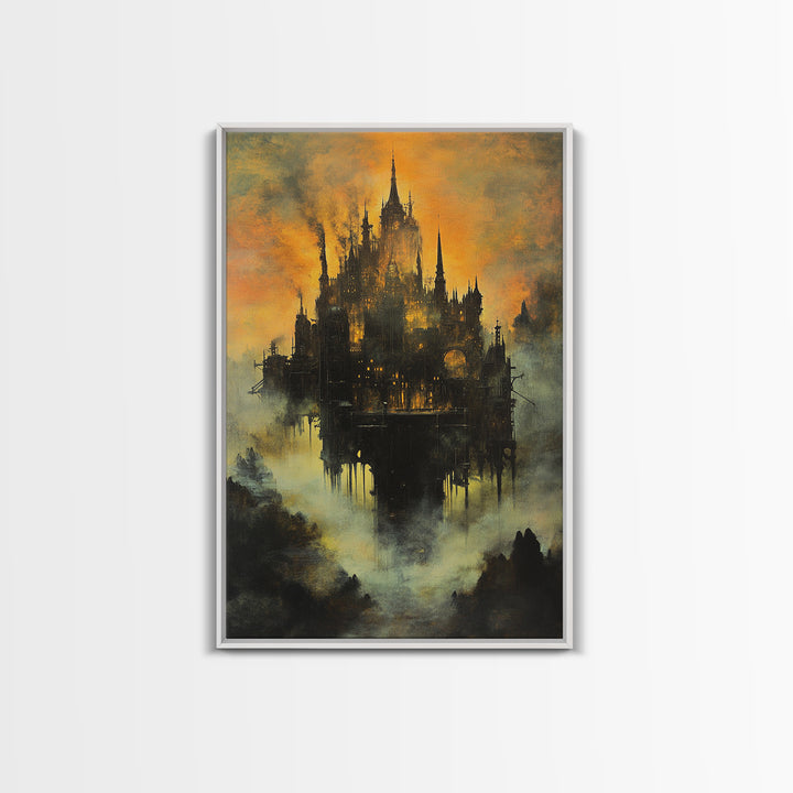 Moody Castle In Golden Mist, Dark Fantasy Framed Canvas Print, Gothic Wall Art, Dark Academia Living Room Decor Gift For Him