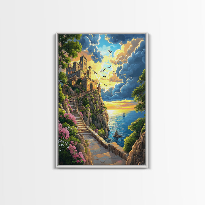 Seaside Ruins Stairway At Sunset, Coastal Wall Art, Castle Landscape Canvas Print, Whimsical Mediterranean Home Decor Gift