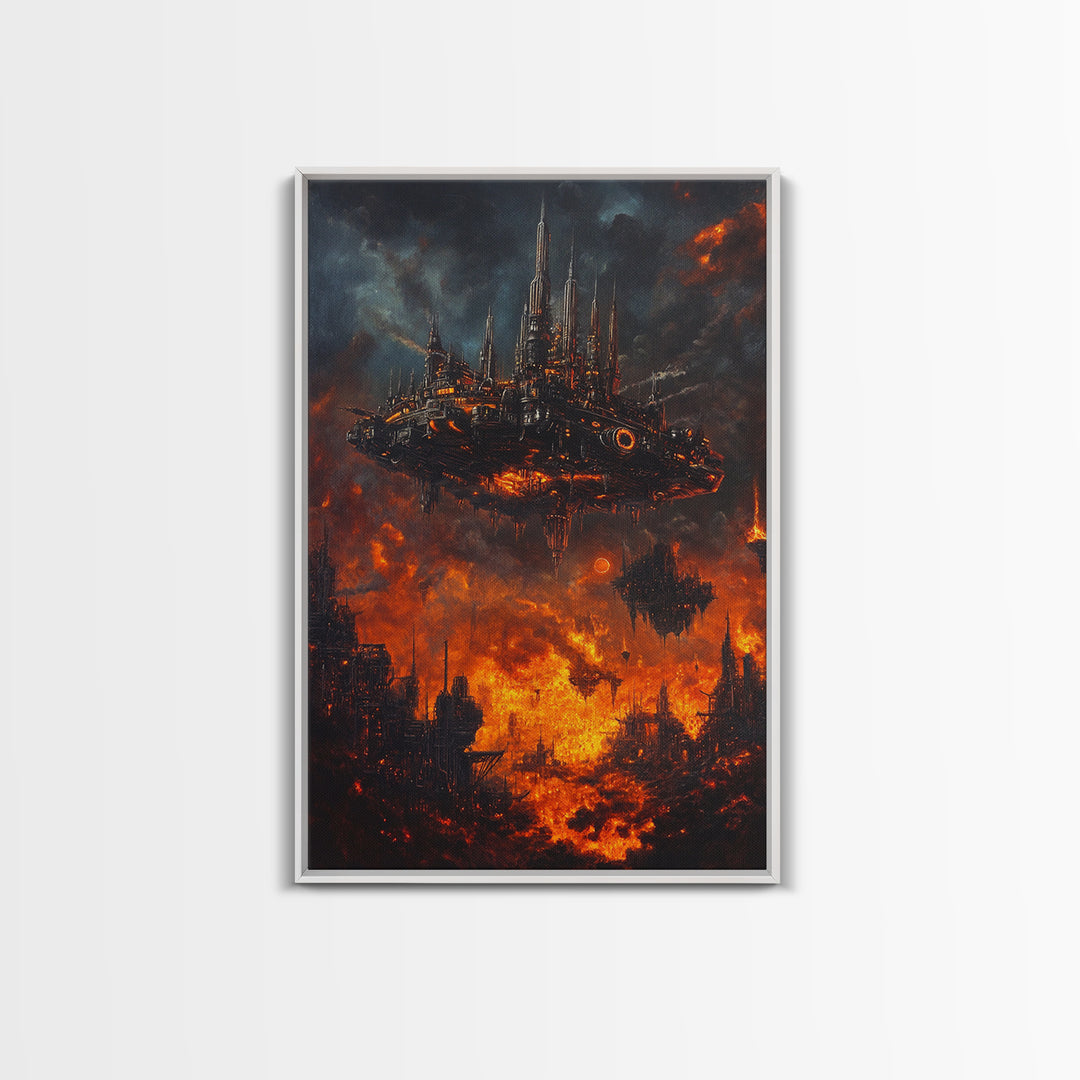 Fiery Dystopian Floating City Framed Canvas Print, Cyberpunk Wall Art, Dark Sci Fi Decor, Apocalyptic Fantasy Art, Poster