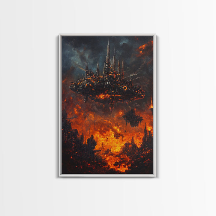 Fiery Dystopian Floating City Framed Canvas Print, Cyberpunk Wall Art, Dark Sci Fi Decor, Apocalyptic Fantasy Art, Poster