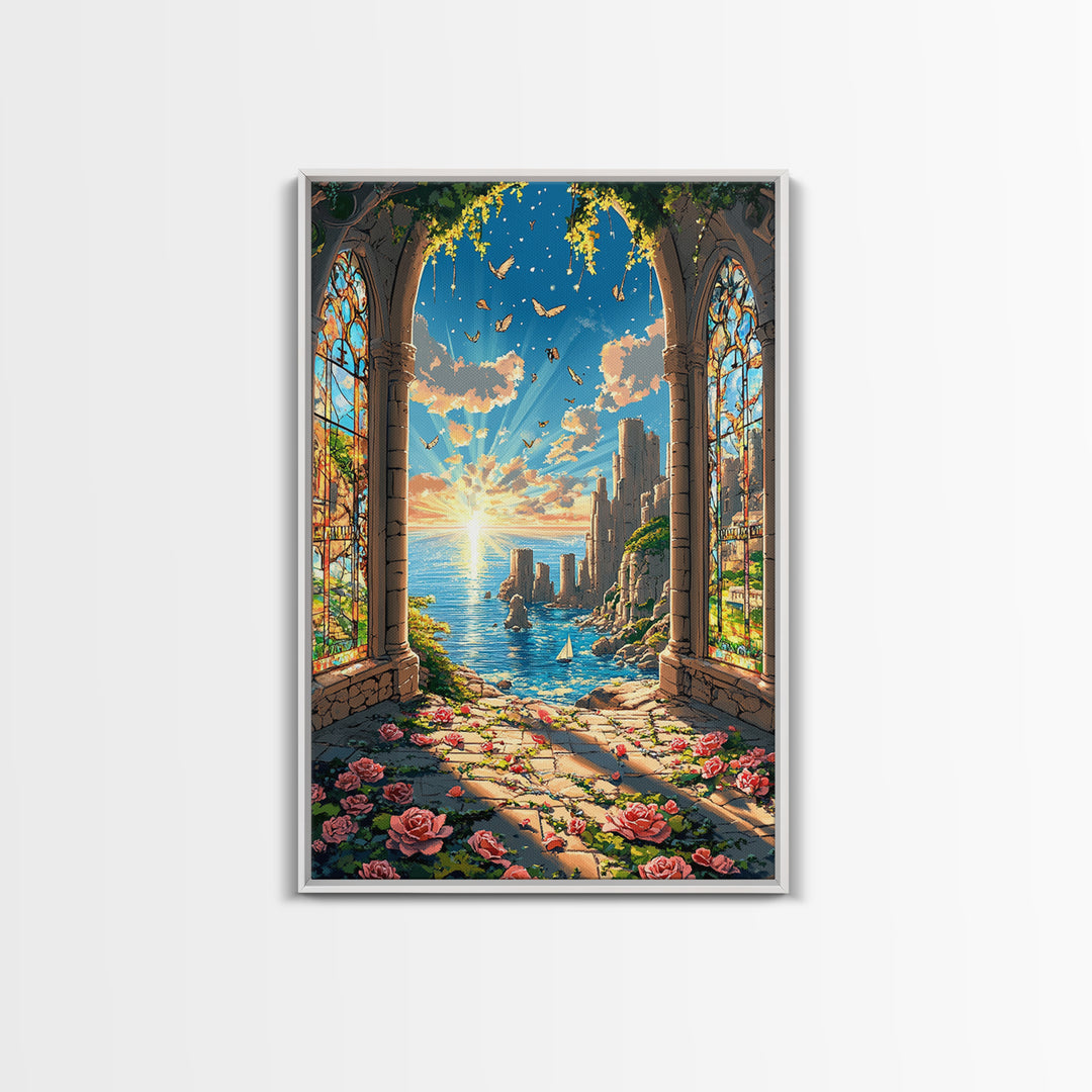Sunlit Stained Glass Arch Ocean Ruins Framed Canvas Print, Coastal Wall Art, Rose Garden Decor, Fantasy Seascape Art Gift