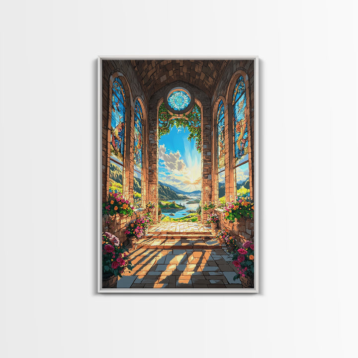 Cathedral Window Lake Vista Framed Canvas Print, Stained Glass Wall Art, Floral Garden Decor, Serene Coastal Landscape Art
