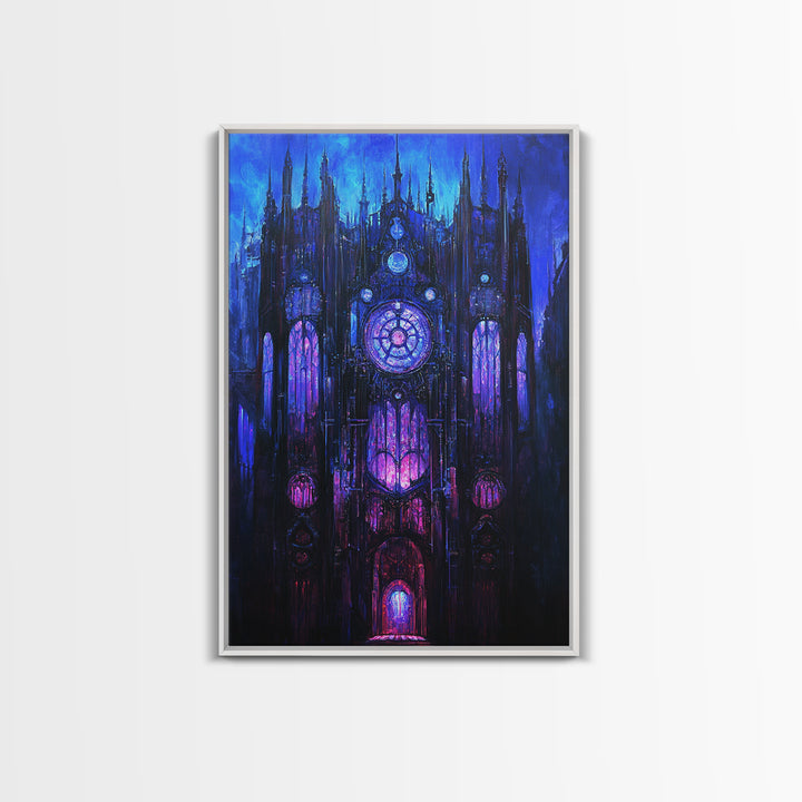 Blue Gothic Clockwork Cathedral Canvas Print, Dark Academia Wall Art, Purple Stained Glass Decor, Moody Fantasy Art Poster