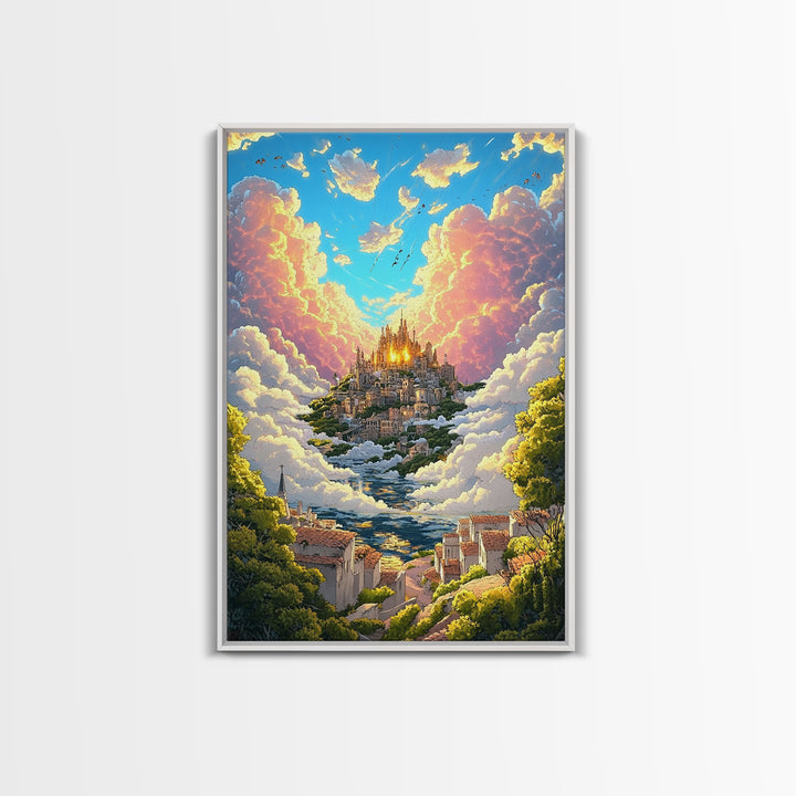 Heavenly Cloud City Above Coastal Village Canvas Print, Fantasy Wall Art, Colorful Landscape Decor, Dreamy Sunlit Poster