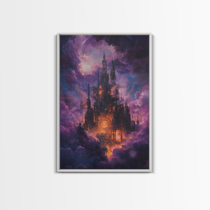 Mystical Purple Cloud Castle Framed Canvas Print, Dark Fantasy Wall Art, Celestial Gothic Decor, Moody Surreal Art Gift For Her