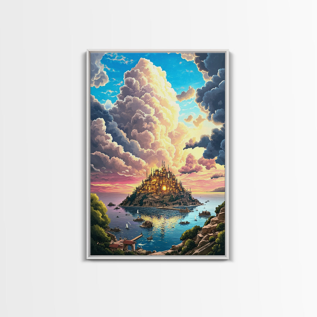 Golden Island Castle At Sunset Canvas Print, Fantasy Seascape Wall Decor, Coastal Landscape Art For Living Room Decor Gift