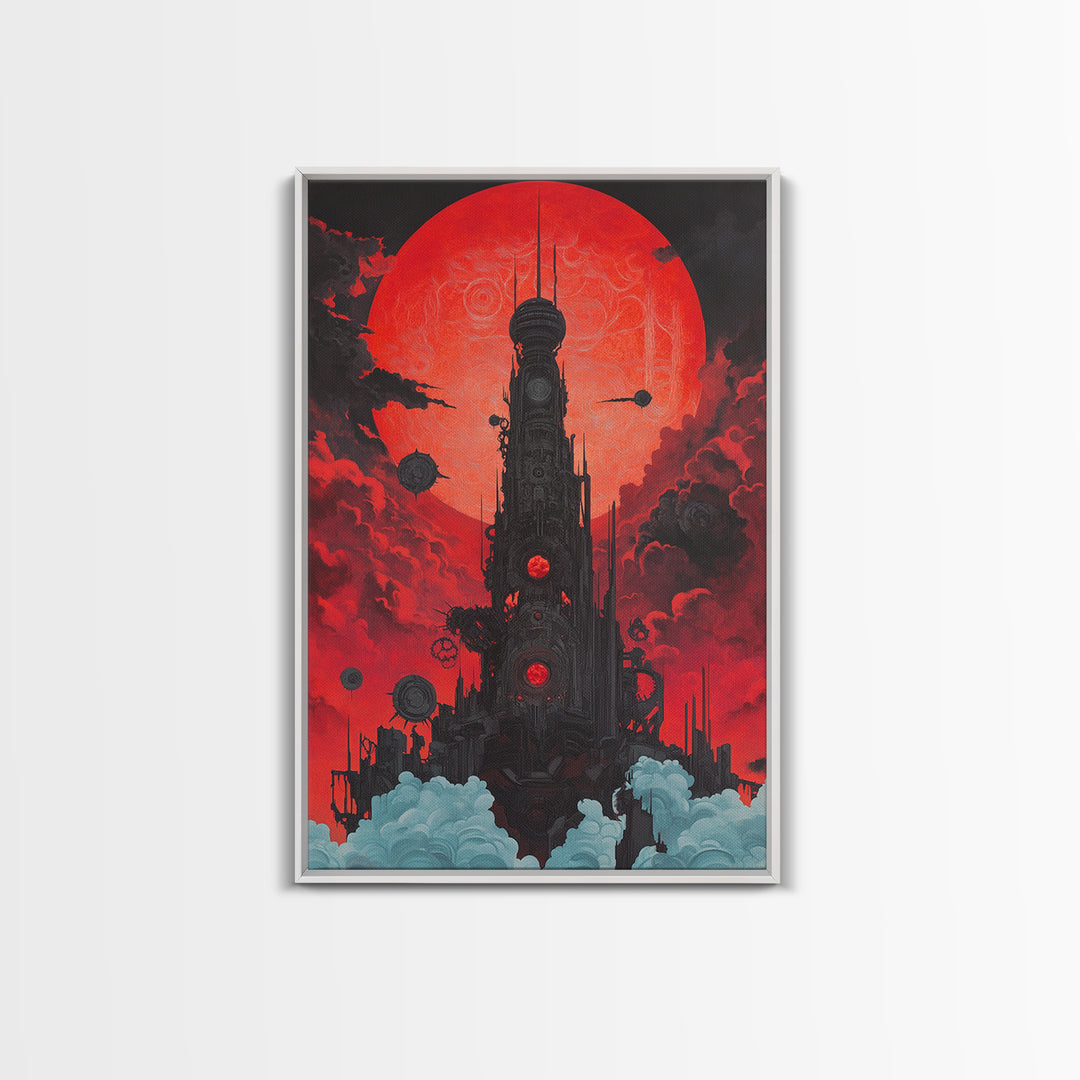 Red Moon Futuristic Tower Wall Art, Dark Sci Fi Cityscape Poster, Cyberpunk Gothic Decor For Gaming Room And Office Decor