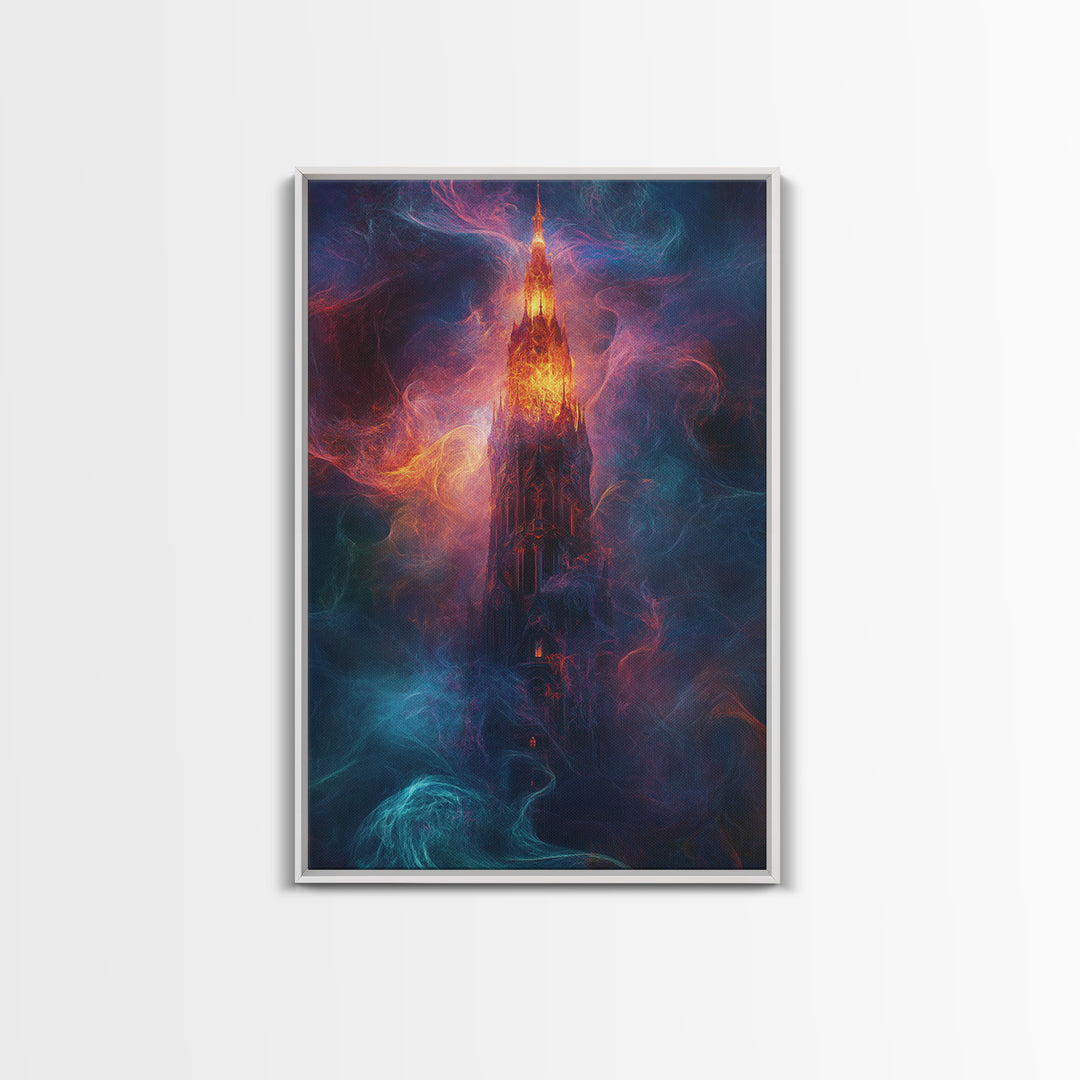 Fiery Gothic Tower Framed Canvas Print, Dark Fantasy Abstract Art, Moody Surreal Wall Decor For Office And Living Room Art