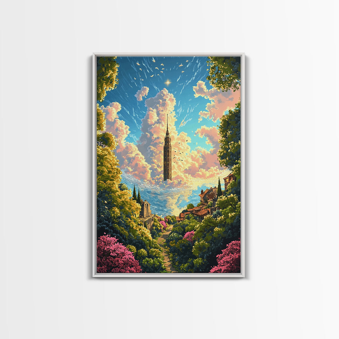 Floating Cloud Tower Canvas Print, Whimsical Fantasy Landscape Wall Art, Dreamy Garden Decor For Bedroom And Nursery Gift