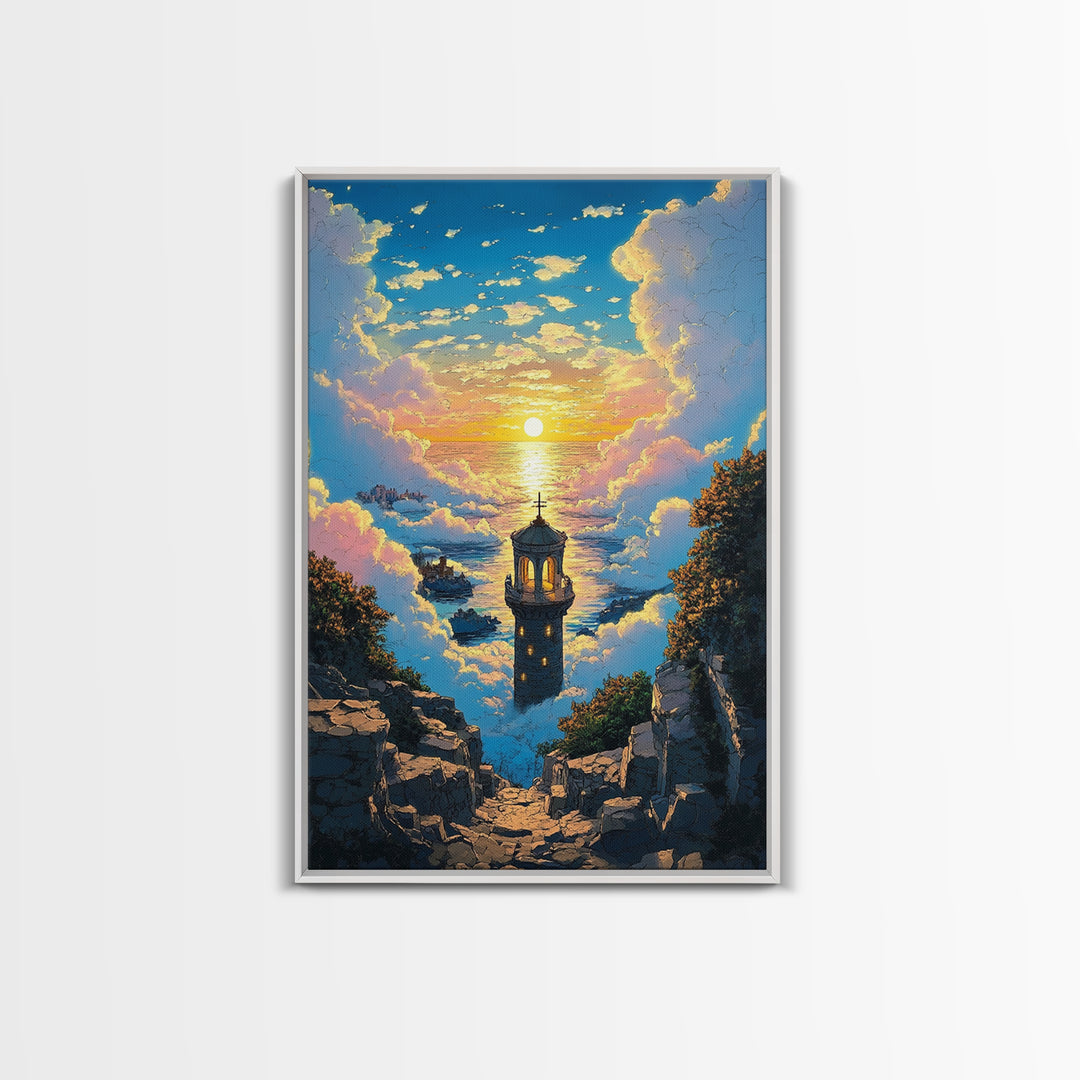 Sunset Sea Tower Canvas Print, Dreamy Cloud Ocean Landscape Wall Art, Coastal Fantasy Decor For Bedroom And Living Room Gift