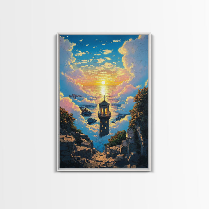 Sunset Sea Tower Canvas Print, Dreamy Cloud Ocean Landscape Wall Art, Coastal Fantasy Decor For Bedroom And Living Room Gift