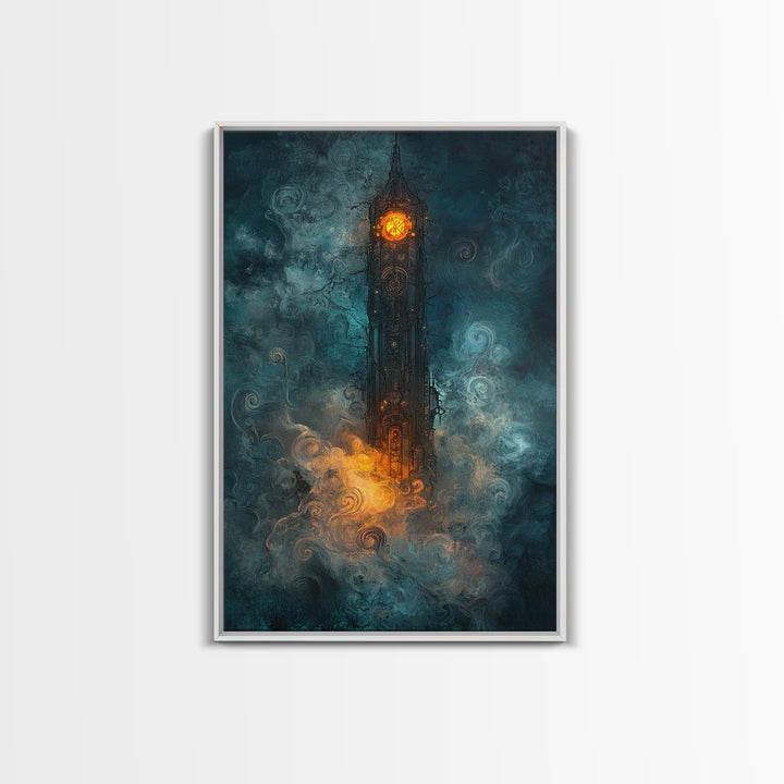 Dark Clock Tower In Teal Fog Wall Art, Gothic Fantasy Castle Canvas, Moody Steampunk Decor, Surreal Large Print, Living Room Wall Decor