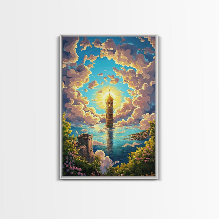 Sunlit Sea Tower And Golden Clouds Framed Canvas Print, Coastal Fantasy Wall Art, Ocean Landscape, Living Room Decor, Home Decor