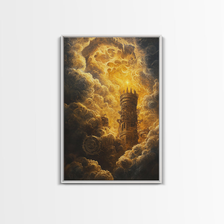 Golden Celestial Tower In Storm Clouds Canvas Print, Dark Fantasy Wall Art, Steampunk Castle, Gothic Living Room Decor Print