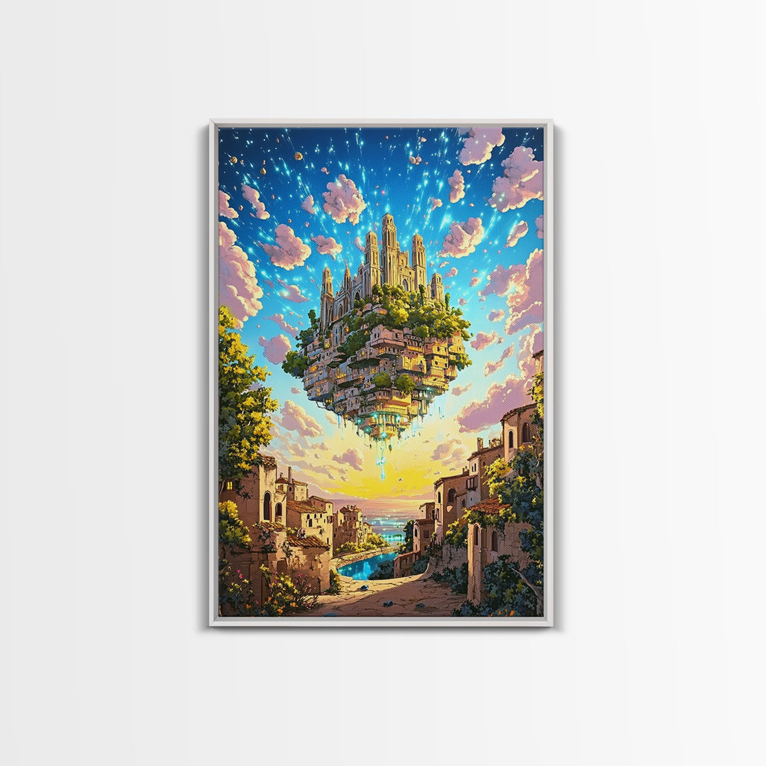 Floating Castle City Over Seaside Village Wall Art, Colorful Fantasy Canvas Print, Whimsical Coastal Living Room Decor Print