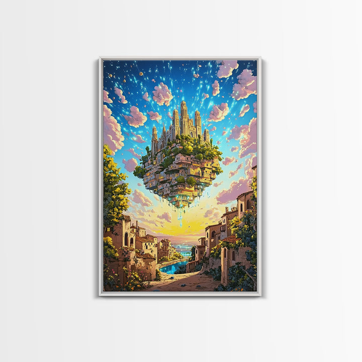 Floating Castle City Over Seaside Village Wall Art, Colorful Fantasy Canvas Print, Whimsical Coastal Living Room Decor Print
