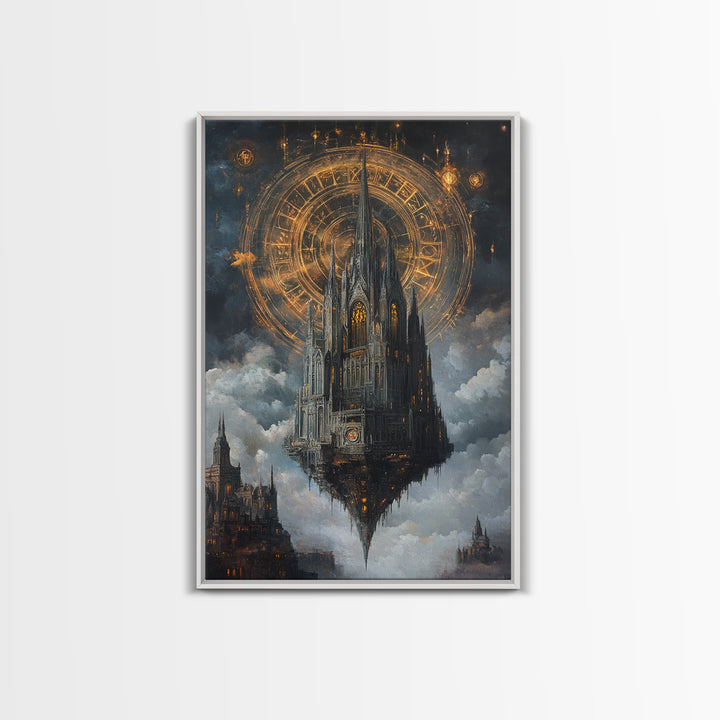 Floating Gothic Cathedral With Celestial Clock Framed Canvas Print, Dark Academia Wall Art, Steampunk Fantasy Office Decor
