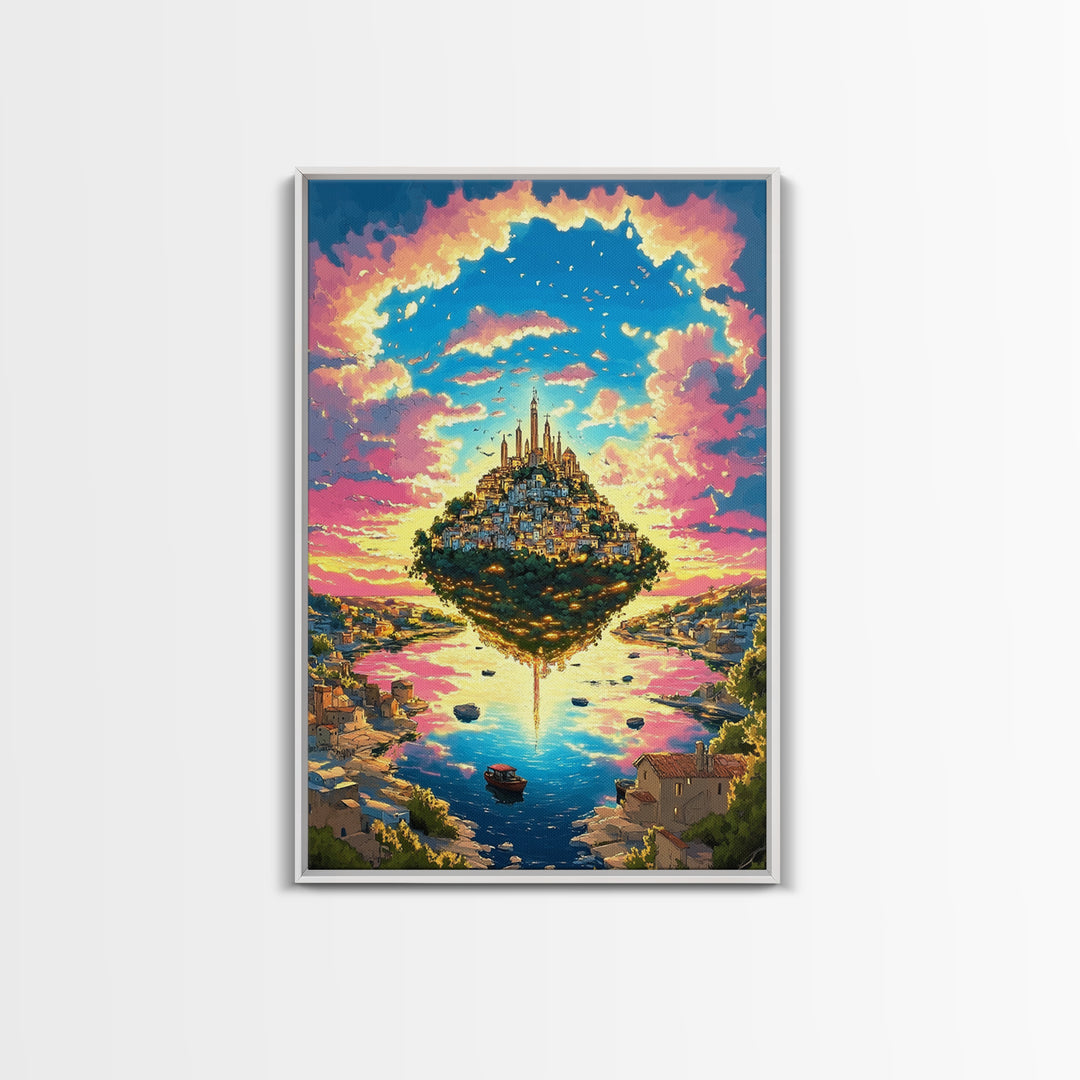 Floating Island City At Pink Sunset Wall Art, Vibrant Fantasy Landscape Canvas Print, Coastal Village, Colorful Home Decor