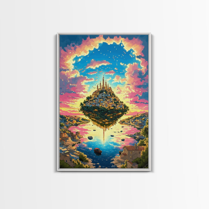 Floating Island City At Pink Sunset Wall Art, Vibrant Fantasy Landscape Canvas Print, Coastal Village, Colorful Home Decor