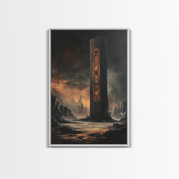 Ancient Rune Monolith In Dark Wasteland Canvas Print, Dystopian Sci Fi Wall Decor, Futuristic Tower Art, Gothic Home Decor