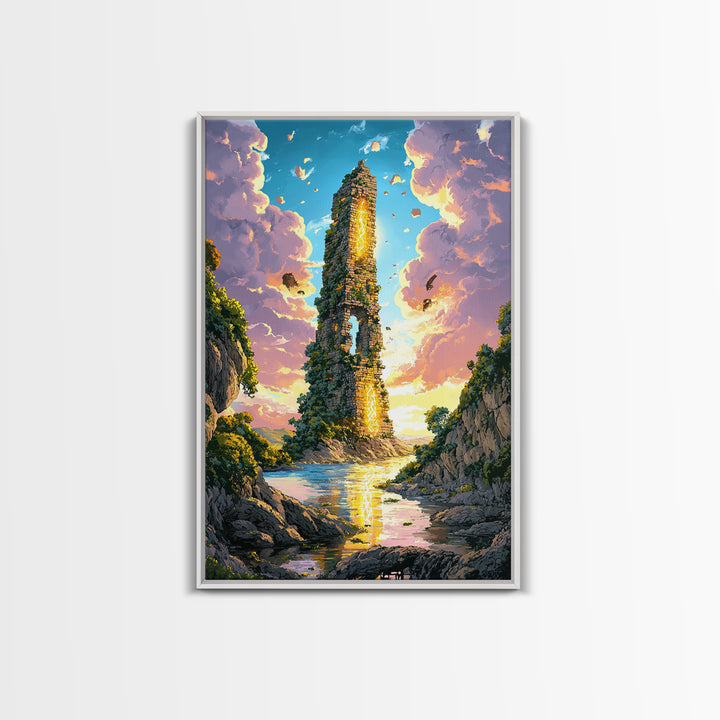 Sunlit Ruined Tower With Golden Portal Canvas Print, Fantasy River Landscape Art, Vibrant Coastal Wall Decor, Magical Home Decor