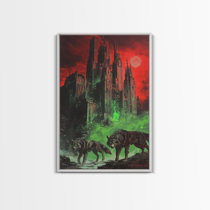Red Moon Gothic Citadel With Wolves Wall Art, Dark Fantasy Castle Print, Black And Red Wall Decor, Moody Gothic Home Decor