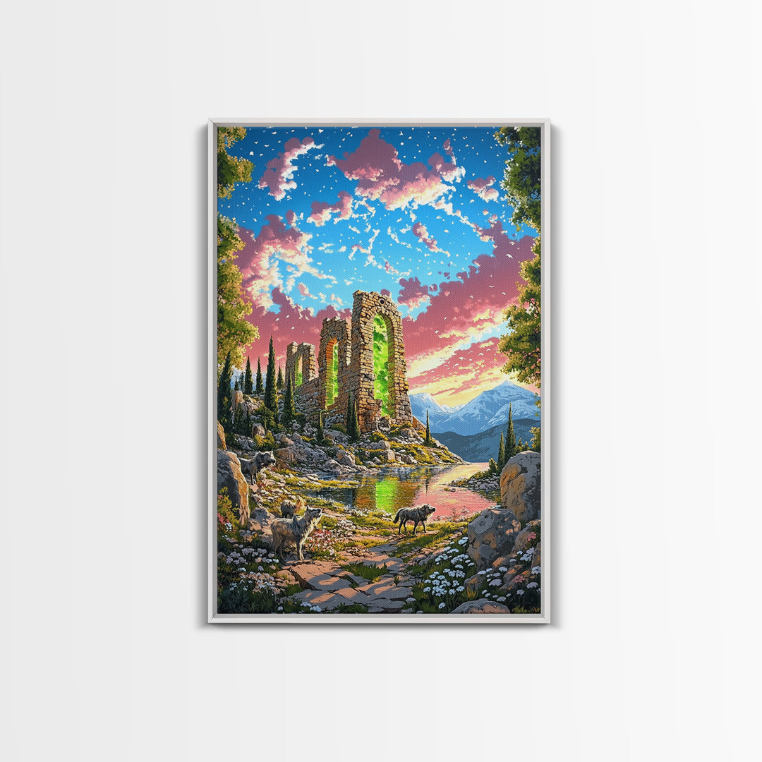 Sunset Stone Ruins With Green Portal Canvas Print, Fantasy Mountain Landscape Wall Art, Vibrant Nature Decor, Whimsical Goat Art