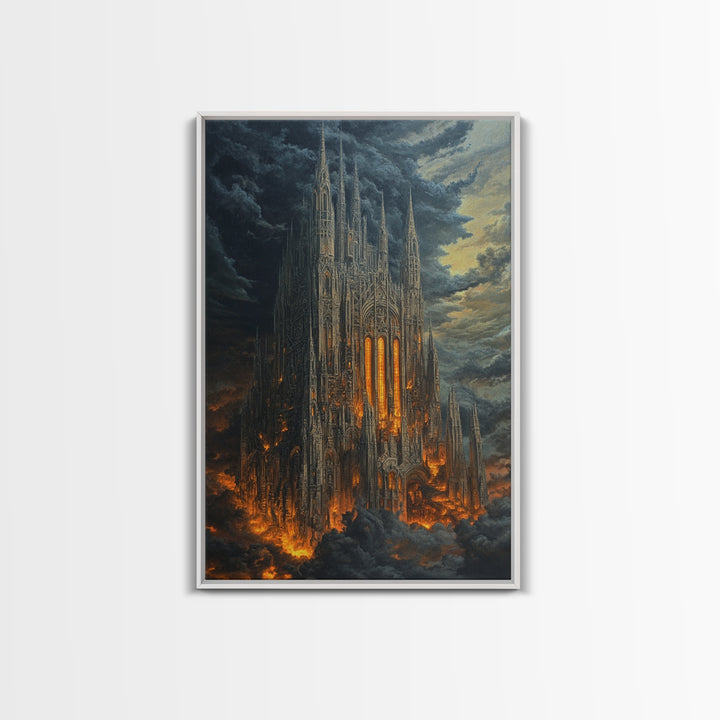 Fiery Gothic Cathedral In Storm Clouds Framed Canvas Print, Dark Fantasy Wall Art, Moody Medieval Decor For Dramatic Rooms