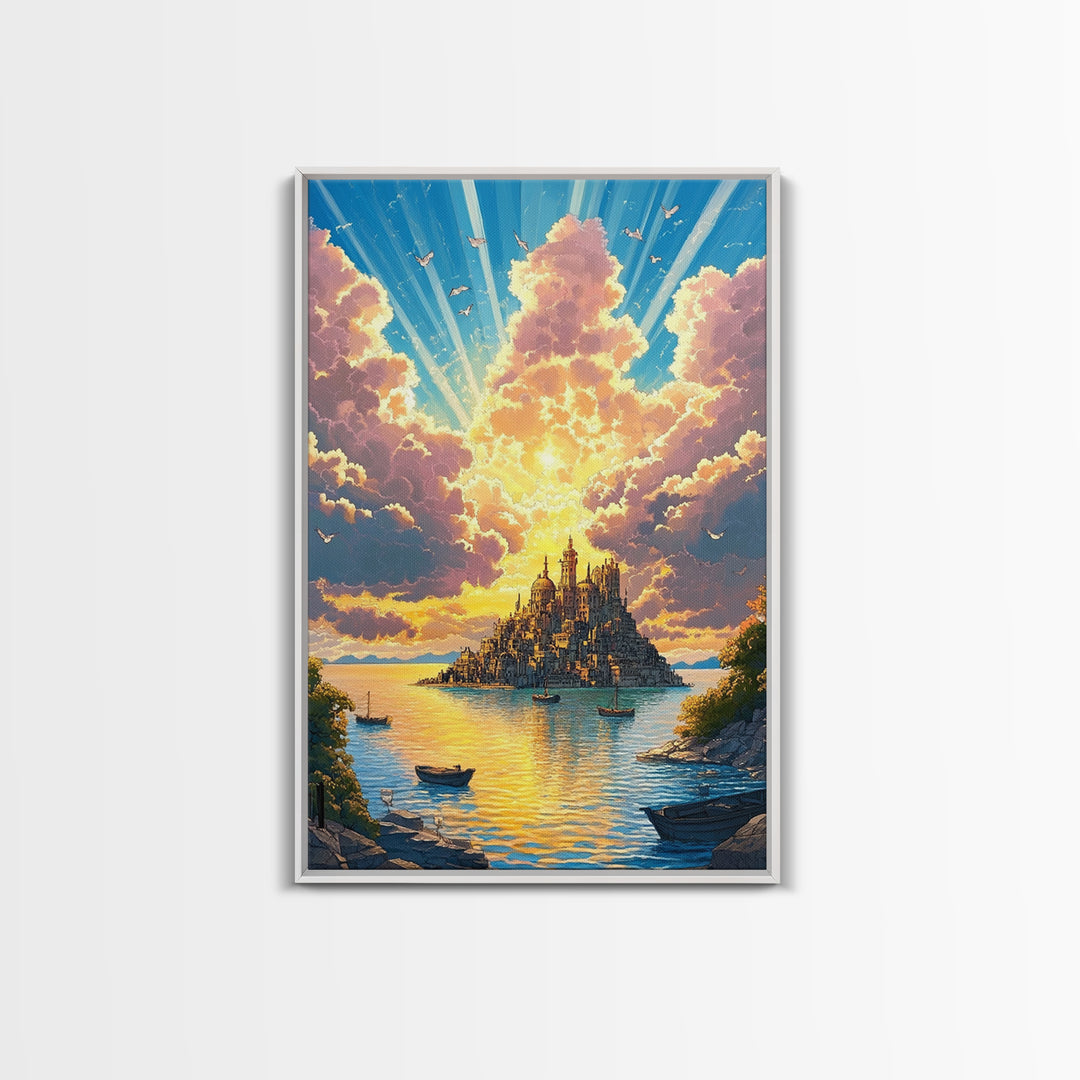 Golden Island Cathedral With Boats Canvas Print, Coastal Fantasy Wall Art, Sunset Seascape Decor For Serene Living Room Art