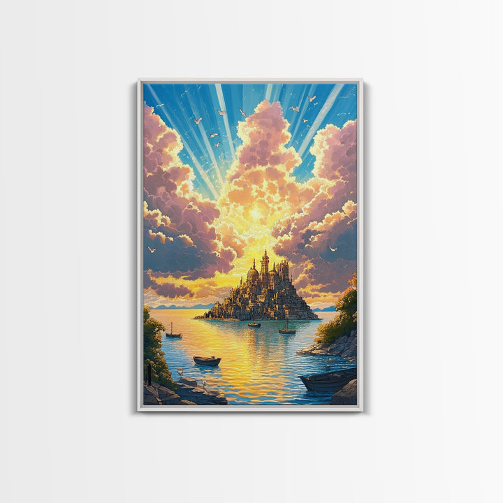 Golden Island Cathedral With Boats Canvas Print, Coastal Fantasy Wall Art, Sunset Seascape Decor For Serene Living Room Art