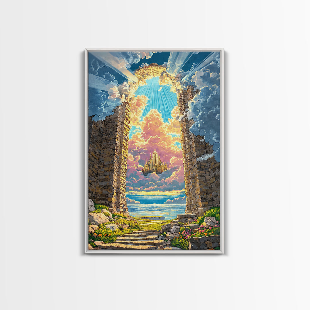 Stone Portal To Floating Castle Framed Canvas Print, Fantasy Landscape Wall Art, Magical Ruins Decor, Unique Gift For Her