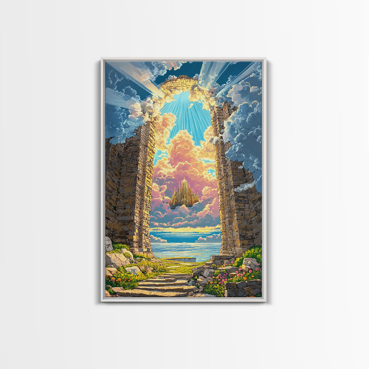 Stone Portal To Floating Castle Framed Canvas Print, Fantasy Landscape Wall Art, Magical Ruins Decor, Unique Gift For Her