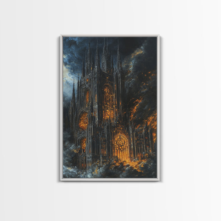 Burning Gothic Cathedral Under Stormy Sky Framed Canvas Print, Dark Academia Wall Art, Moody Medieval Decor Gift For Him