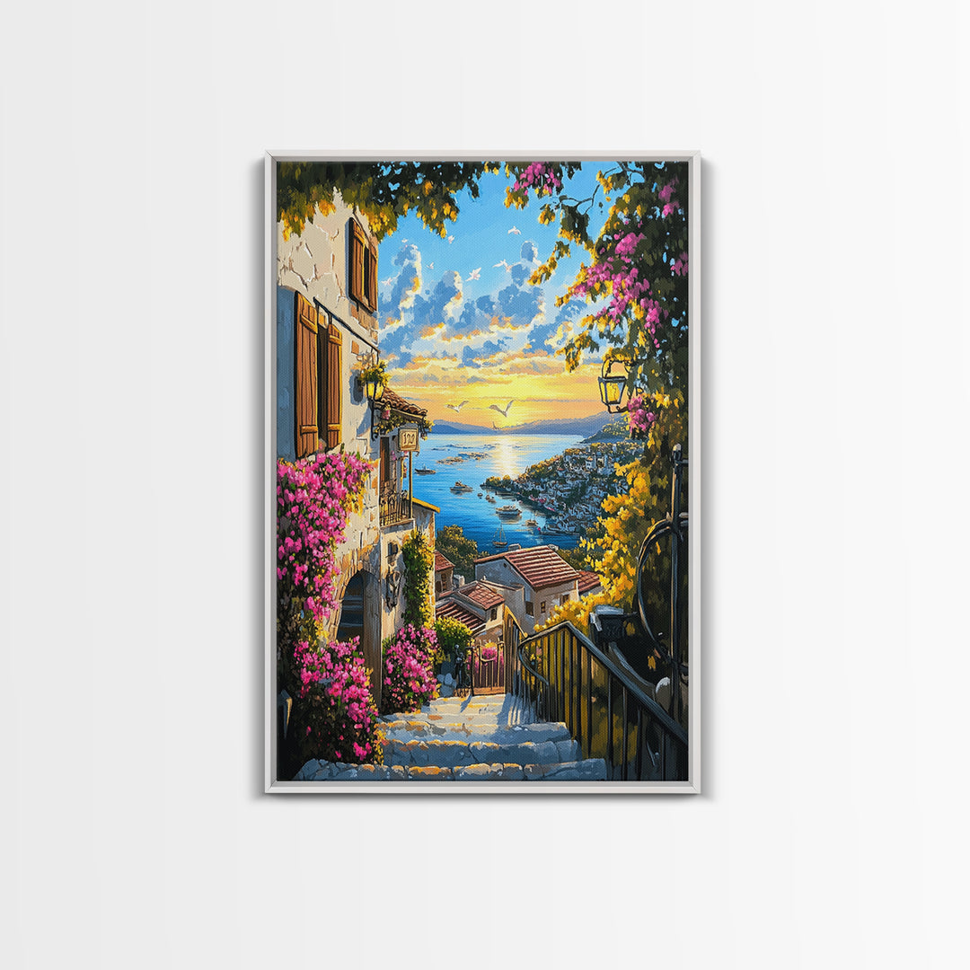 Mediterranean Village Steps Above Blue Sea Wall Art, Coastal Canvas Print, Floral Travel Poster Decor, Gift For Her Home Decor