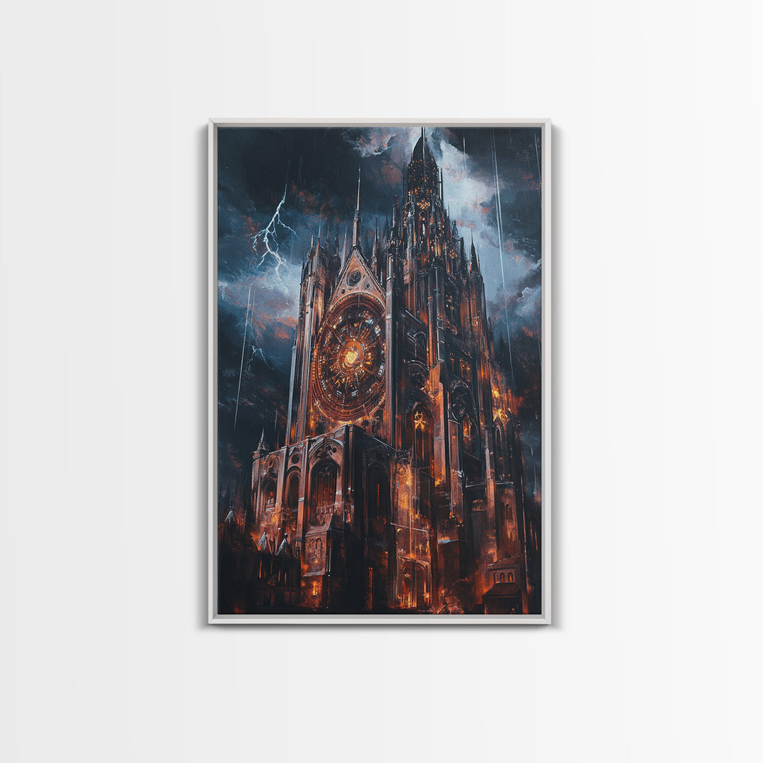 Stormy Gothic Cathedral With Lightning Framed Canvas Print, Dark Fantasy Wall Art, Dramatic Medieval Decor For Masculine Office