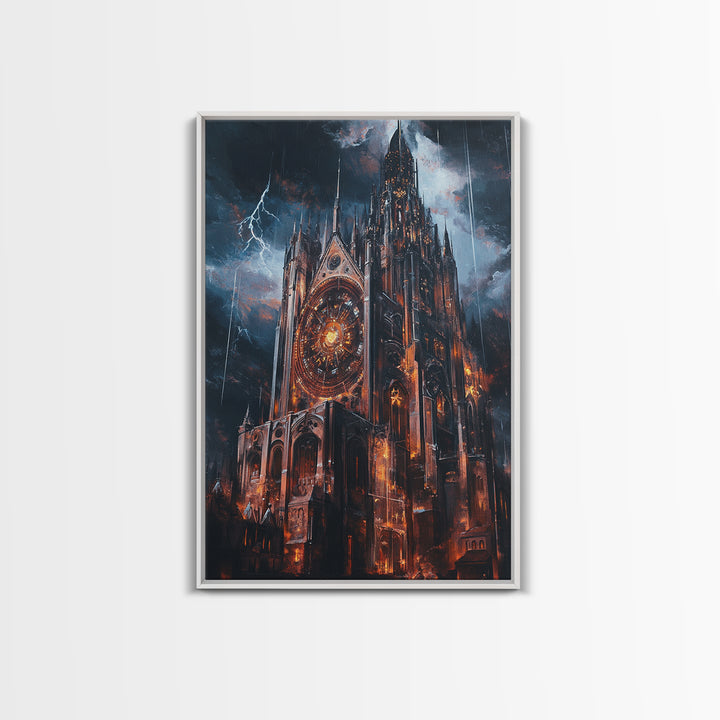 Stormy Gothic Cathedral With Lightning Framed Canvas Print, Dark Fantasy Wall Art, Dramatic Medieval Decor For Masculine Office