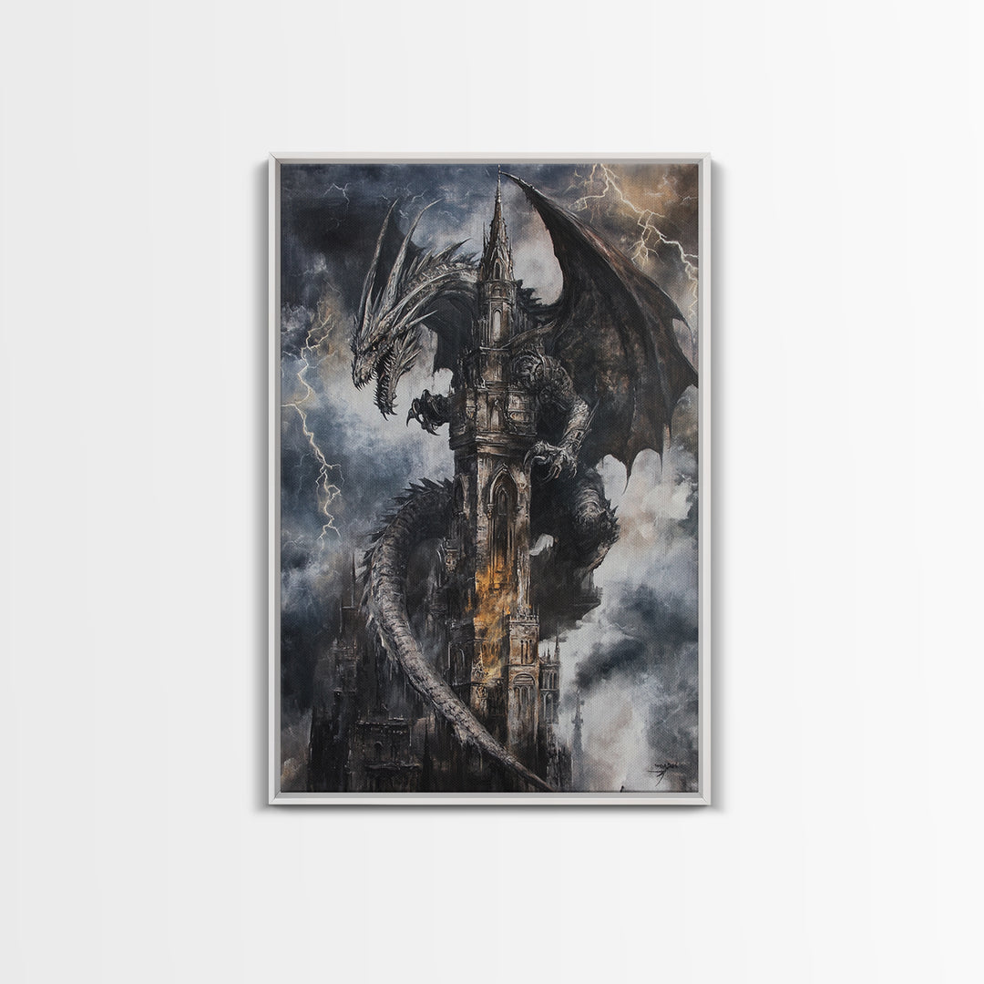 Dark Storm Dragon Cathedral Wall Art, Gothic Fantasy Castle Canvas, Lightning Dragon Print, Moody Medieval Home Decor Gift